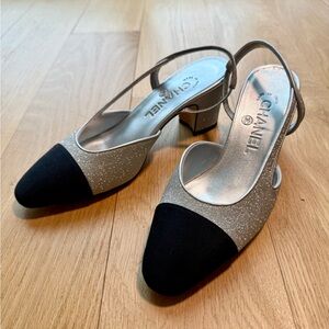 Chanel silver glitter sling back heels 36.5
